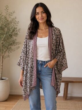 New Look Floral Open-Front Kimono in Mauve and Cream